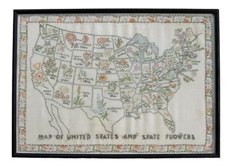 Vintage Hand Embroidered United States State Flower Map On