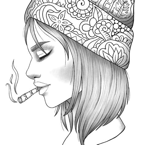 Adult Coloring Page Girl Portrait With Knitted Cap Colouring Etsy Sweden