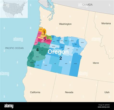 Oregon State Counties Colored By Congressional Districts Vector Map