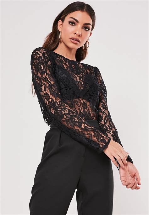 Black Lace Long Sleeve Round Neck Top Missguided Ireland