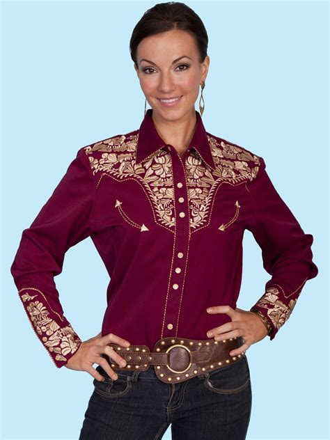 Scully® Womens Burgundy And Gold Embroidered Yoke Ls Western Show Shirt Women Western Wear