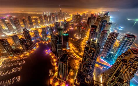 Download Wallpapers Dubai Night City Lights Skyscrapers Modern