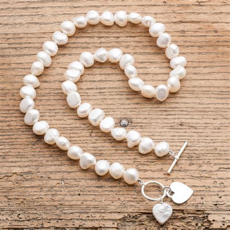 Freshwater Pearl Necklace With Silver And Pearl Hearts By Victoria Jill