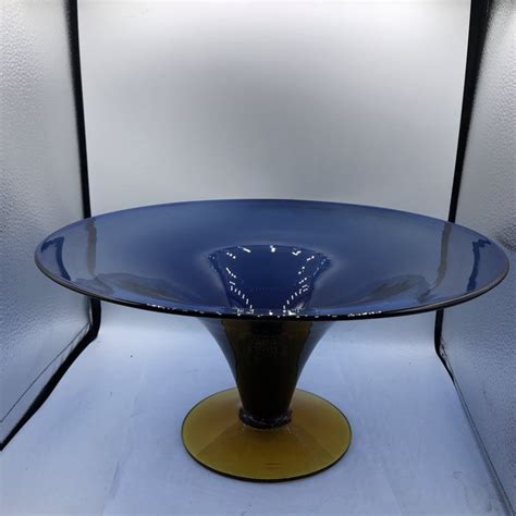 Blenko Blue And Gold Footed Glass Bowl Chairish