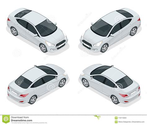 Isometric Set Of Sedan Cars Compact Hybrid Vehicle Eco Friendly Hi