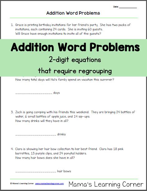 addition word problems  regrouping mamas learning corner
