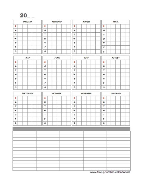 Yearly Blank Calendar Potrait With Notes Free Printable Templates Images