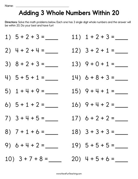 Adding 3 Digit Whole Numbers Worksheets