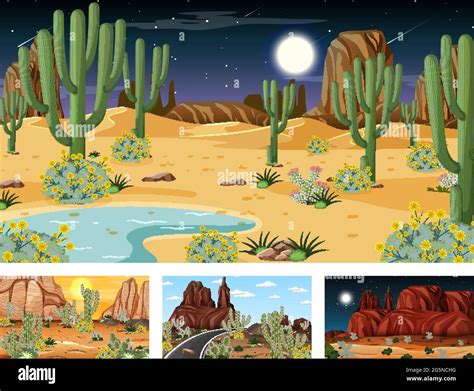 Different Desert Forest Scenes With Various Desert Plants Illustration