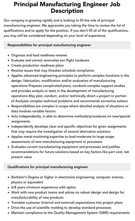 Principal Manufacturing Engineer Job Description Velvet Jobs