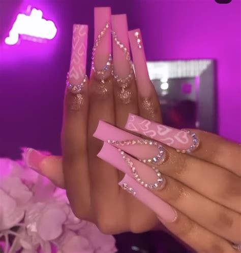 Heart Baddie Nails Extra Inspo Idea In 2022 Pink Bling Nails Short Square Acrylic Nails Cute