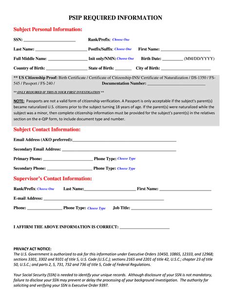 Fillable Online Psip Required Information Worksheet Ssn Fax Email Print