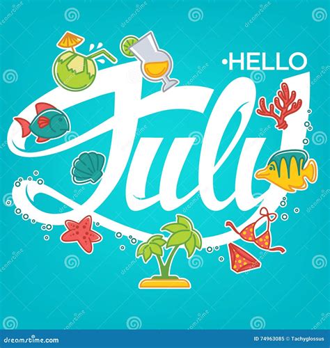 Hello July July Month Vector With Flowers Birdhouse Swashes And