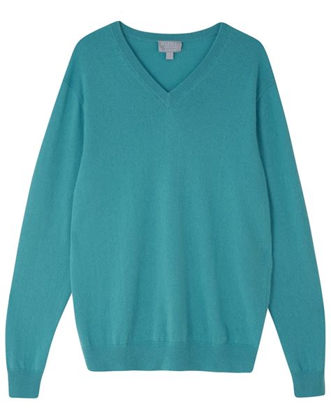 Frosted Teal Mens Cashmere V Neck Sweater Pure Collection