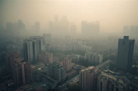 Close Up Of Polluted City Skyline With Smog And Haze Obscuring The