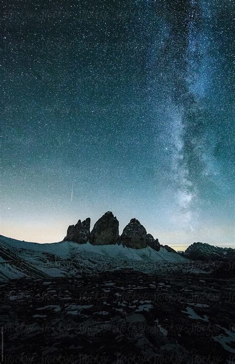 Blue Milky Way Above The Famous Three Peaks In The Italian Alps In A