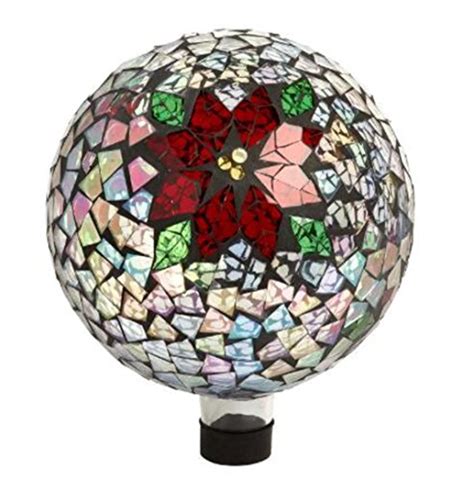 Hand Blown Glass Holiday Poinsettia And Holly Inlaid Mosaic Gazing Ball