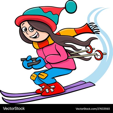 Happy Girl Character On Ski Cartoon Royalty Free Vector
