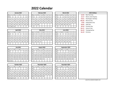 Printable Yearly Calendar 2022 Free Calendar