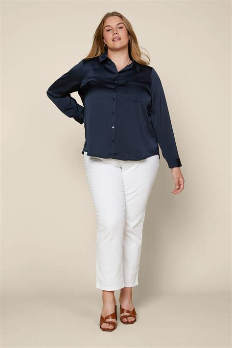 Office Skies Are Blue Plus Size Satin Button Down Shirt Clothing