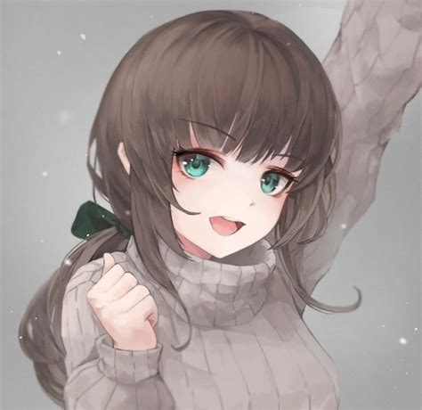 Wallpaper Anime Girl Sweater Brown Hair Green Eyes