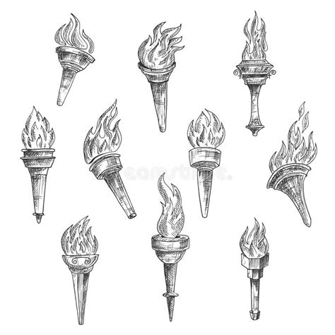 Burning Torches In Vintage Sketch Style Stock Vector Illustration Of