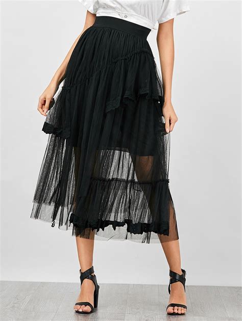 Black One Size High Waisted Layer Mesh Lace Insert Skirt