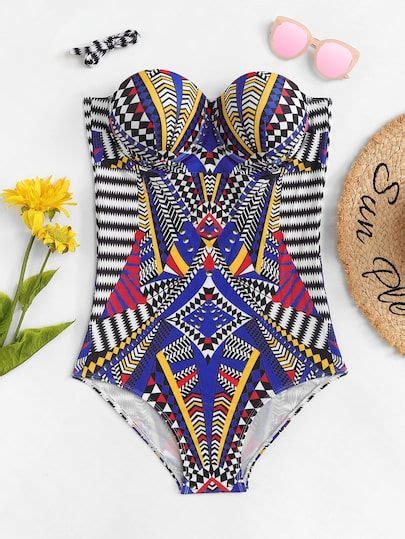 Product Name Plus Mixed Print Bandeau One Piece Swimsuit At Shein