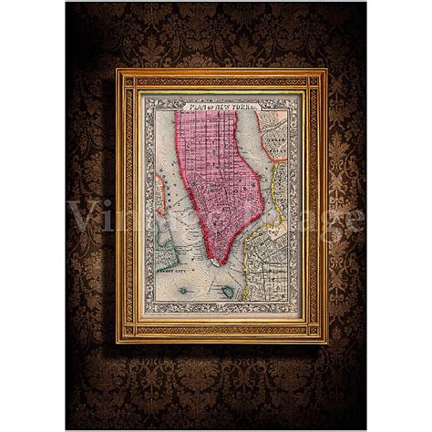 Buy Old Map Of New York City 1860 Antique Restoration Hardware Style