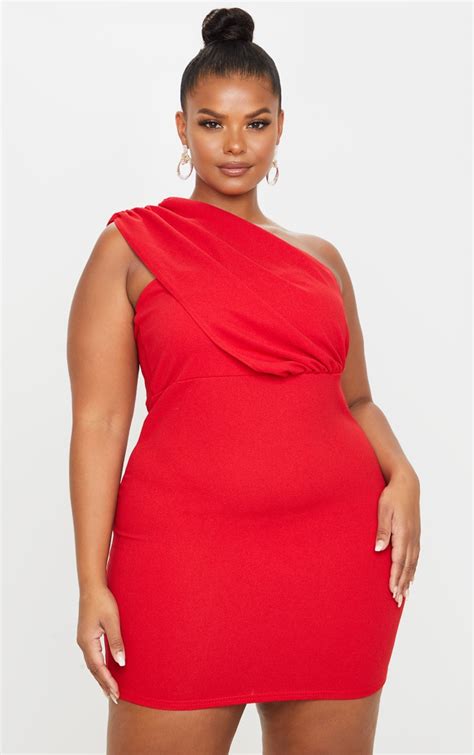 Plus Red One Shoulder Draped Bodycon Dress Prettylittlething Ie