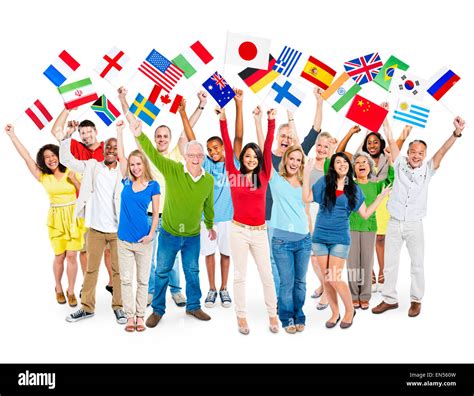 Cheerful Multi Ethnic Group Of People Standing With Their Arms Raised