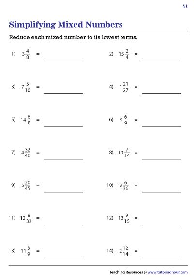 Simplifying Mixed Numbers Worksheet