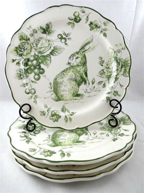 New Maxcera Set Of 4 Green White Toile 10 Inch Easter Rabbit Bunny