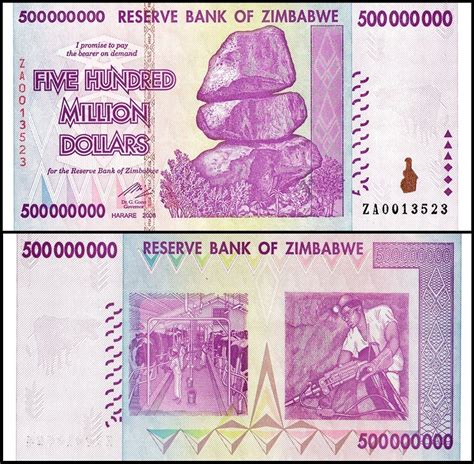 zimbabwe 500 million dollars banknote 2008 p 82z unc replacement