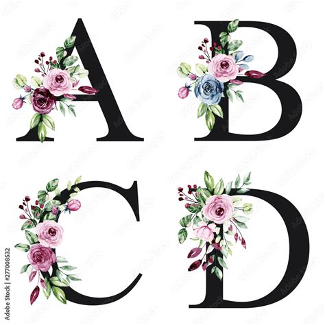 Floral Alphabet Letters A B C D With Watercolor Flowers Roses And