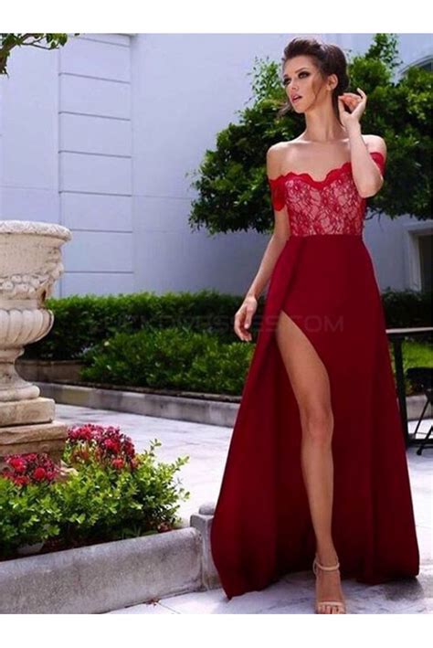 Long Red Lace Off The Shoulder Prom Formal Evening Party Dresses 3020894