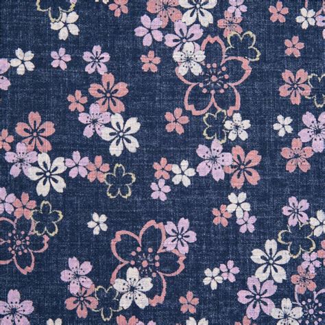 Navy Blue Cherry Blossom Japan Dobby Floral Fabric Purple Pastel White