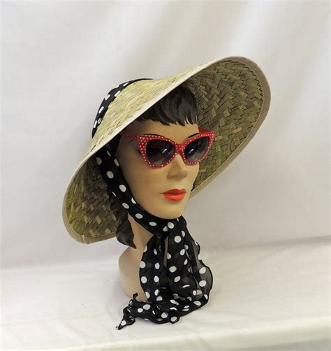 vintage style 1940s 50s tiki sun coolie hat with black polka etsy uk