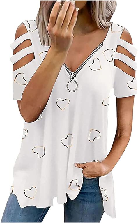 Tunika Für Damen Sommer Longshirt Mit V Ausschnitt Reißverschluss Tunic Shirt Herzmuster