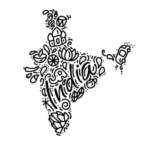 Indiase Kaart Zwarte Kalligrafie Tekst En Doodle Vector Illustratie