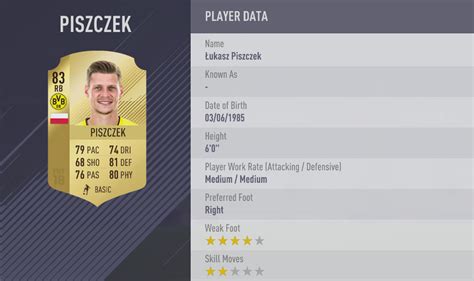 There are 1 other versions of piszczek in fifa 21, check them. FIFA 18 - Player Ratings - Top 30 Bundesliga