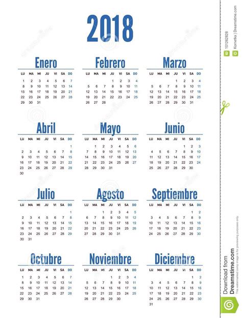 Año Vertical Español Del Calendario 2018 Ilustración Del Vector