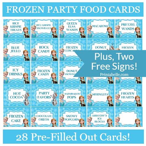 Frozen Party Food Card Prefilled Printables Free Bonus