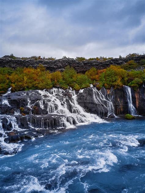 Incredibly Beautiful Hraunfossar Waterfall Lava Waterfalls Stock Image