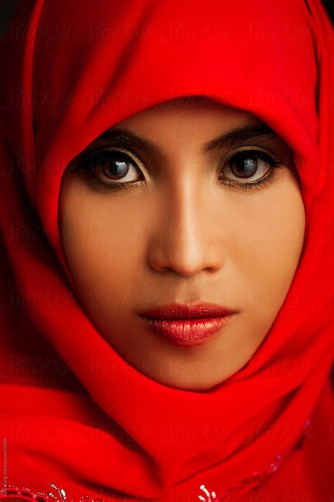 Portrait Of A Beautiful Muslim Woman In Traditional Red Hijab By Nabi