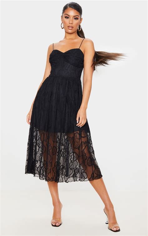 Black Lace Strappy Ruched Bust Midi Dress Prettylittlething Aus