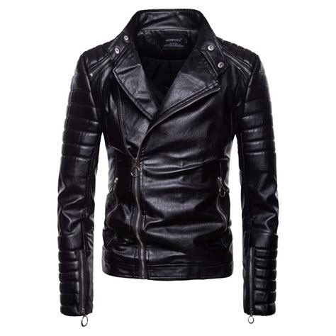 Classic Diagonal Zipper Moto Biker Leather Jacket Men Coats Tops Autumn Winter Male Boutique