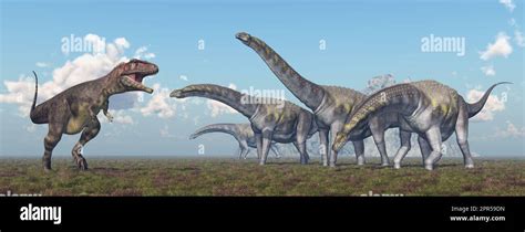 Panoramic View With The Dinosaurs Mapusaurus And Argentinosaurus Stock