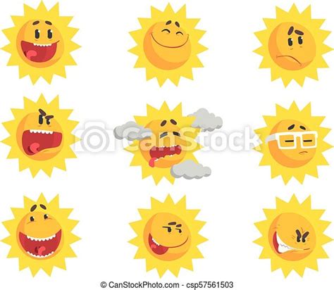 Cute Cartoon Sun Emojis Emotional Face Set Of Colorful Characters Vector Illustrations Isolated