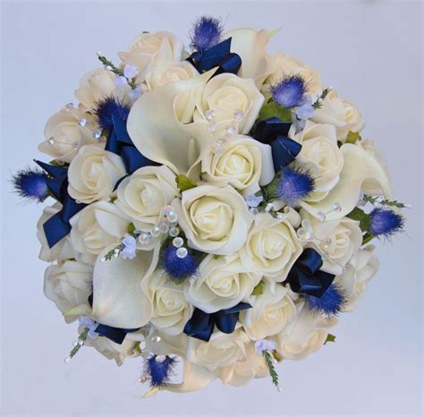 Brides Ivory Calla Lily Rose And Blue Thistle Wedding Bouquet Thistle